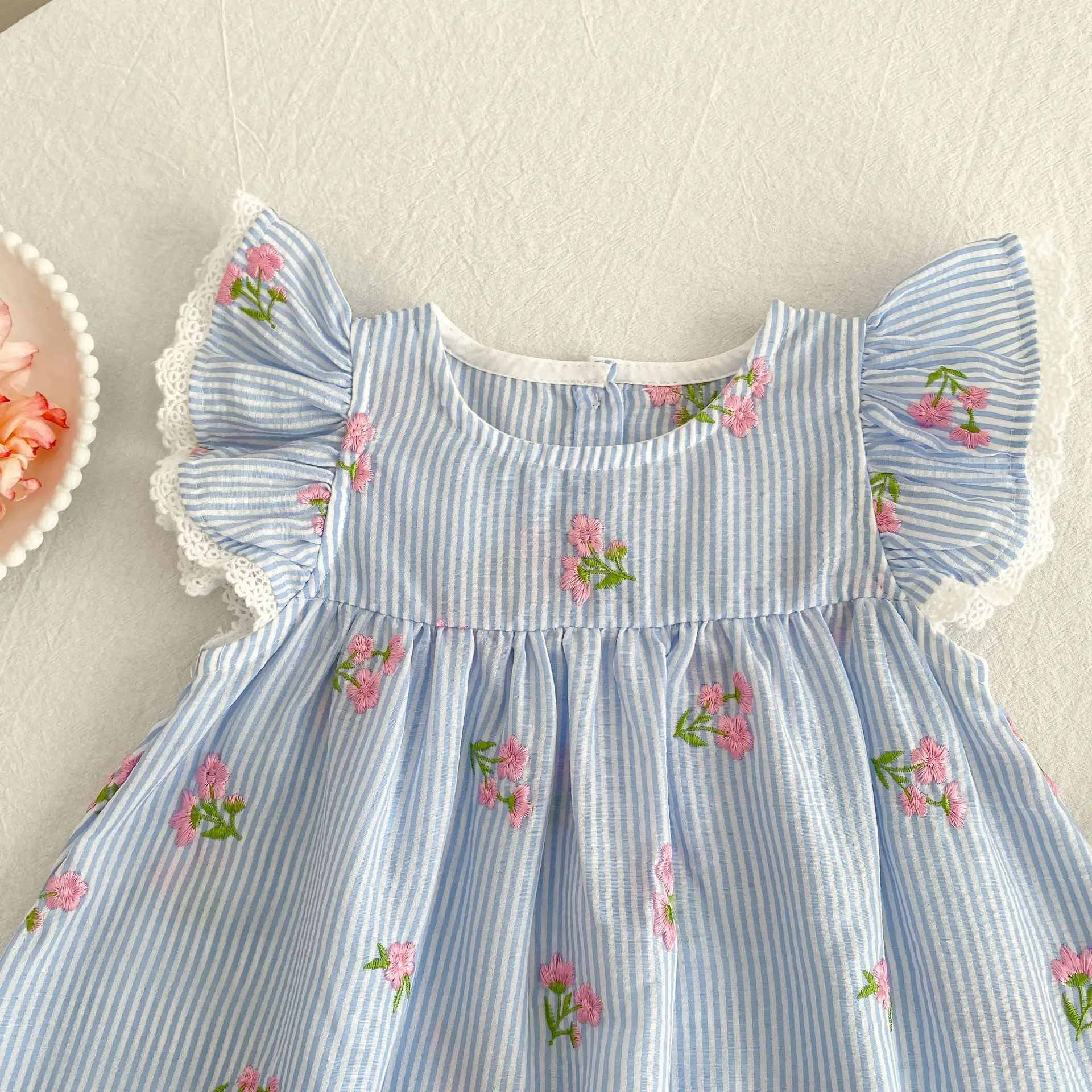 2026 New Summer 2-6Yrs Princess Round Neck Dress Striped Baby Girl Dress Flying Sleeve Cotton Embroidery Blue Sweet Dress