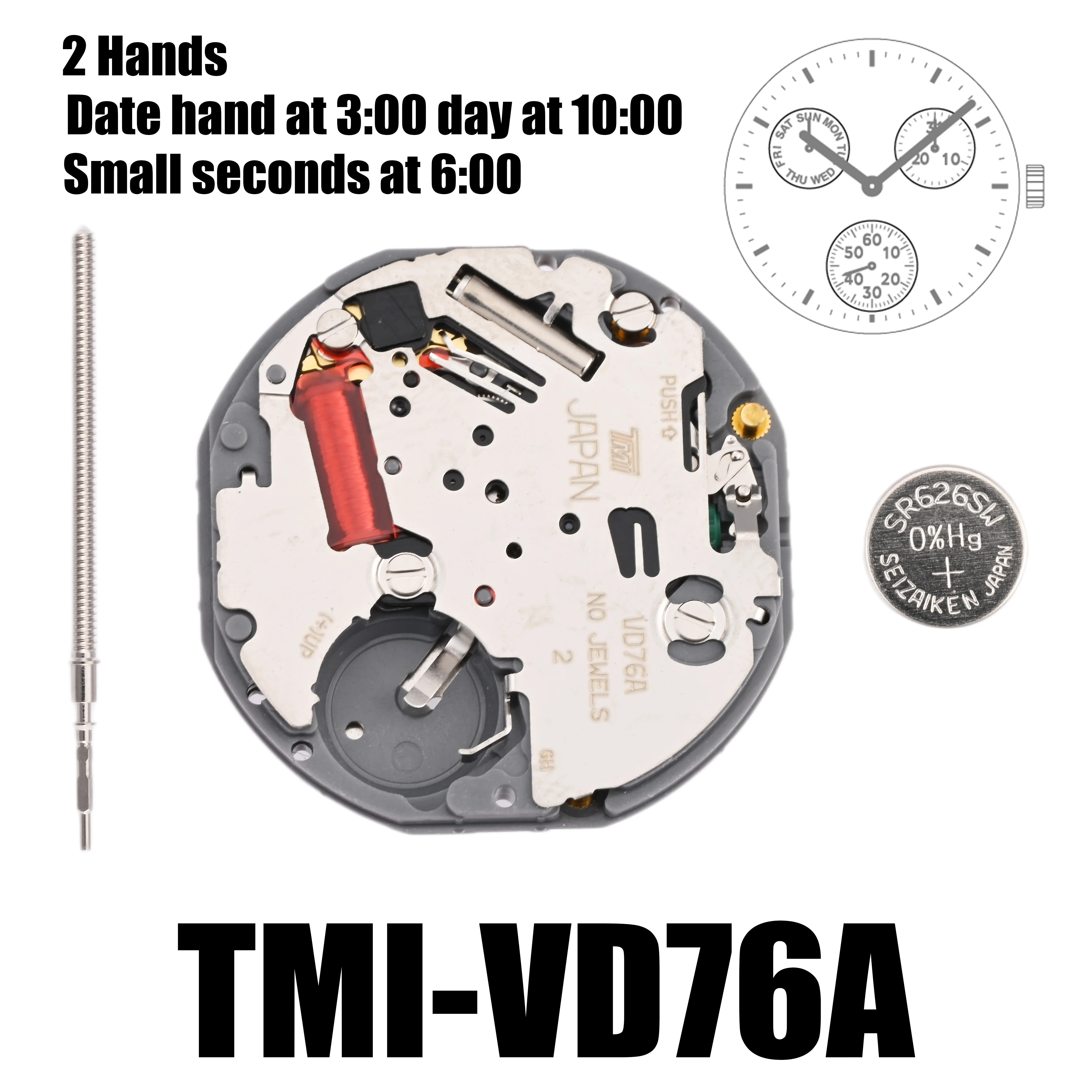 VD76 Movement Tmi VD76 Movement 2 Hands Multi-eye Movement Multi-eye (day, date, 24 hr, small sec) Size: 10 ½‴  Height: 3.45mm