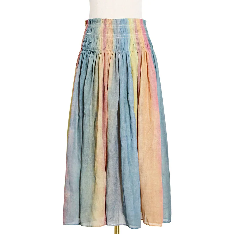 Retro Style Pleated Skirt Spring New Stitching Contrast Color Pleated All-match Skirt with Irregular Elastic Waist