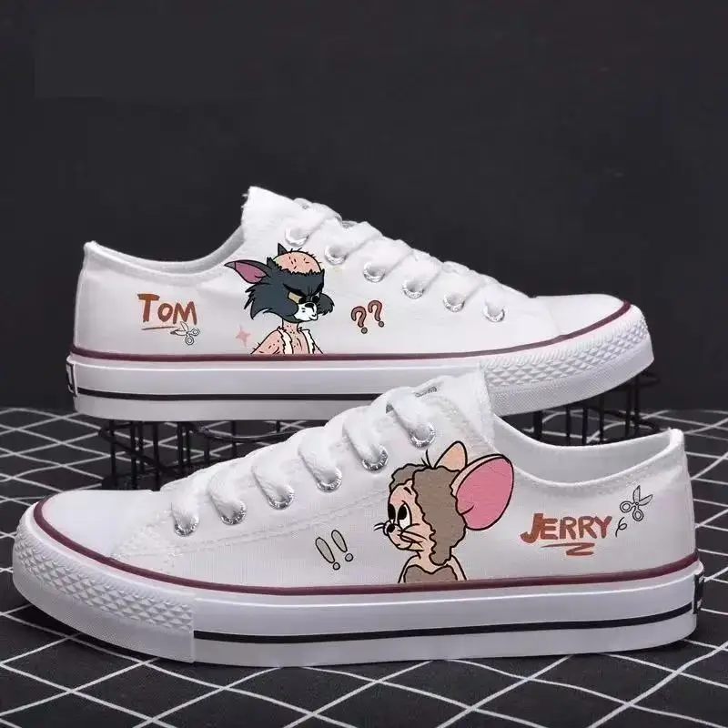 real photos Tom and Jerry cat and mouse man's plus big size white Canvas shoes Casual drop shipping black women's skate shoes