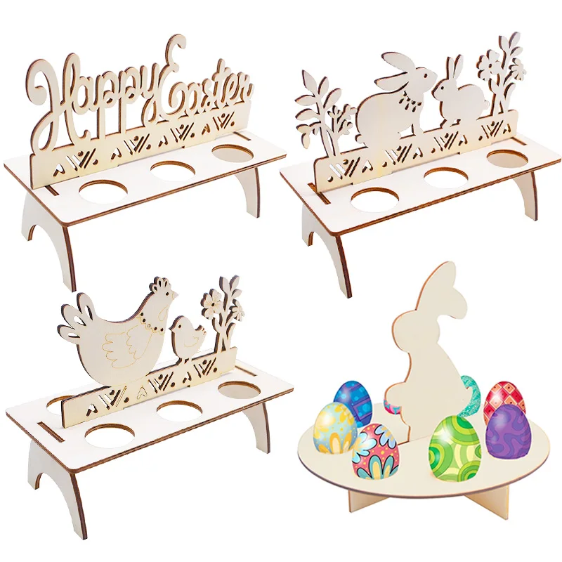 Wooden Easter Eggs Stand Shelves Easter Party Ornament DIY Wood Chick Bunny Holder Tray Rack Happy Easter Decorations for Home