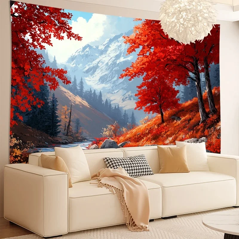 VIKAMA Fall Mountain Wall Hanging Snow‑capped Mountain Stream Red Maple Tree Autumn Forest Natural Scenery Vintage Art Tapestry