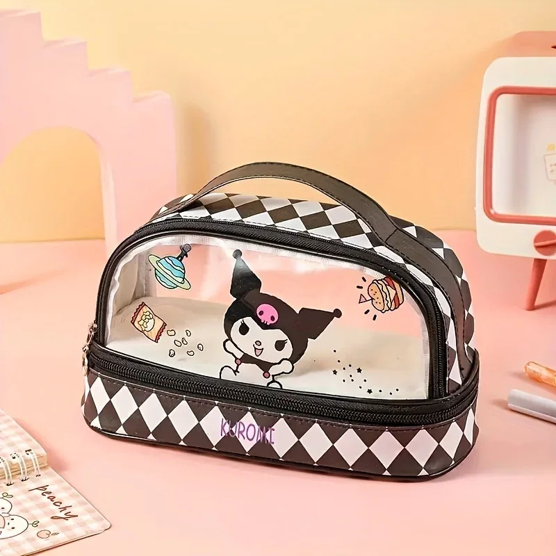 

Sanrio прозрачная двухслойная косметичка большой емкости, студенческая ручная коробка для канцелярских принадлежностей, пенал для хранения с героями мультфильмов