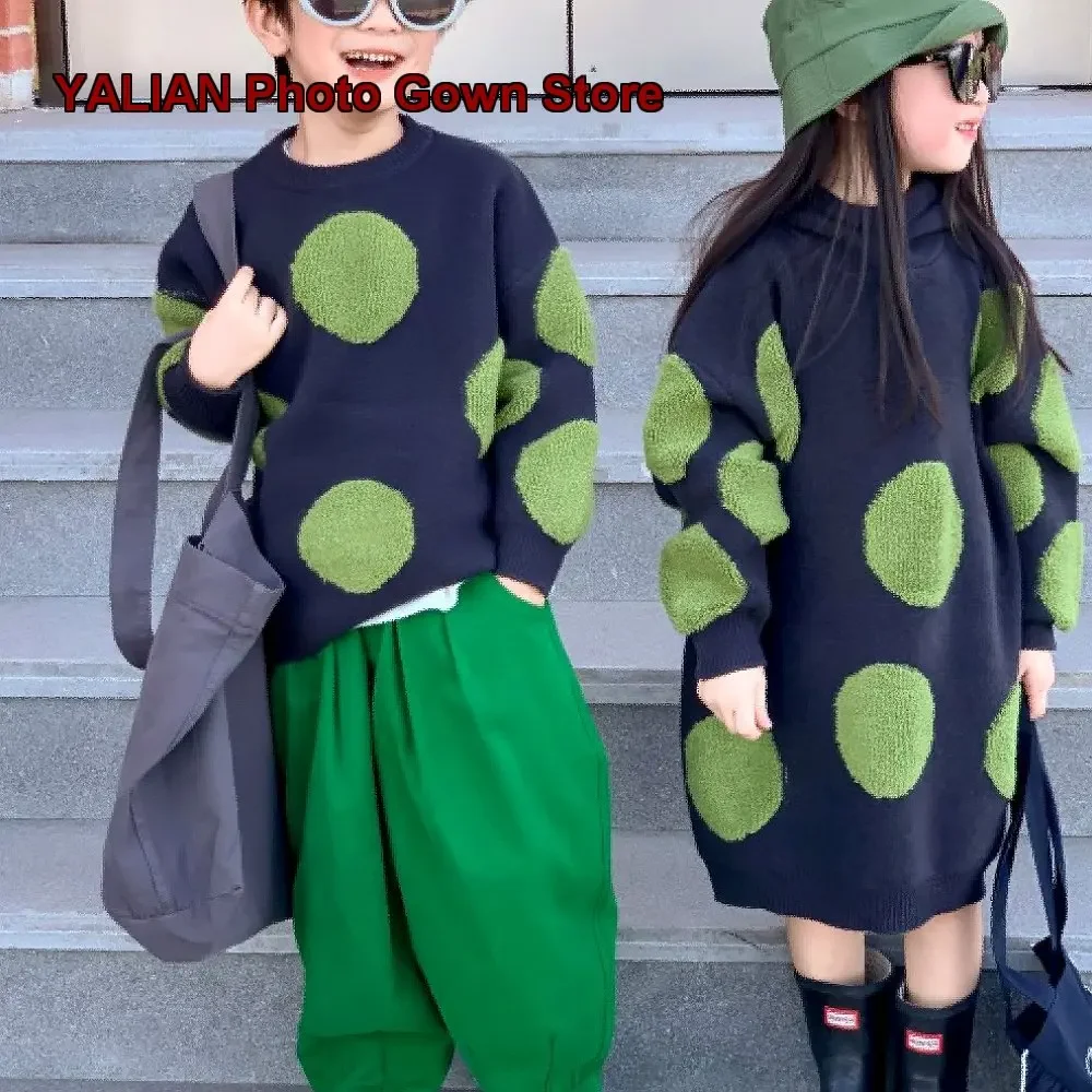 Sibling Kids Spring Long Dress Hooded Polka Dot Knit Top Boys Girls Stylish Outwear