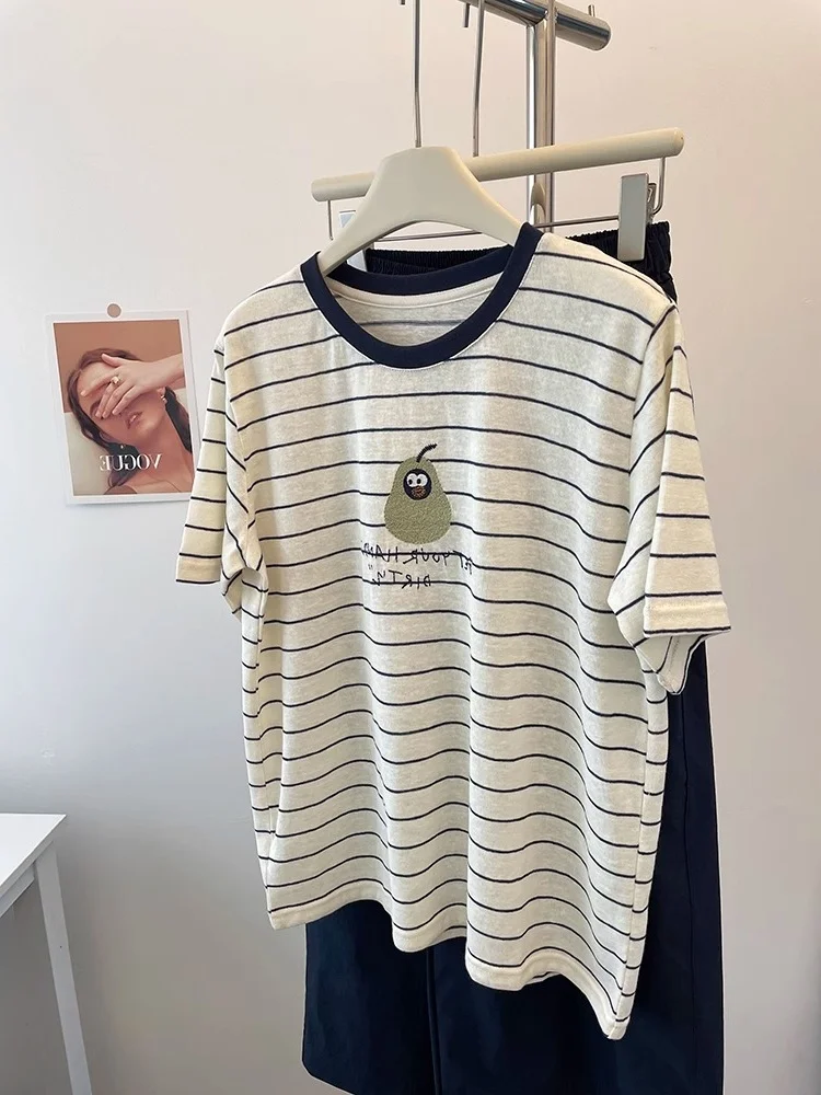 

Корейская легкая дышащая свободная футболка с коротким рукавом для женщин, летняя повседневная полосатая футболка с дизайном Du Pear