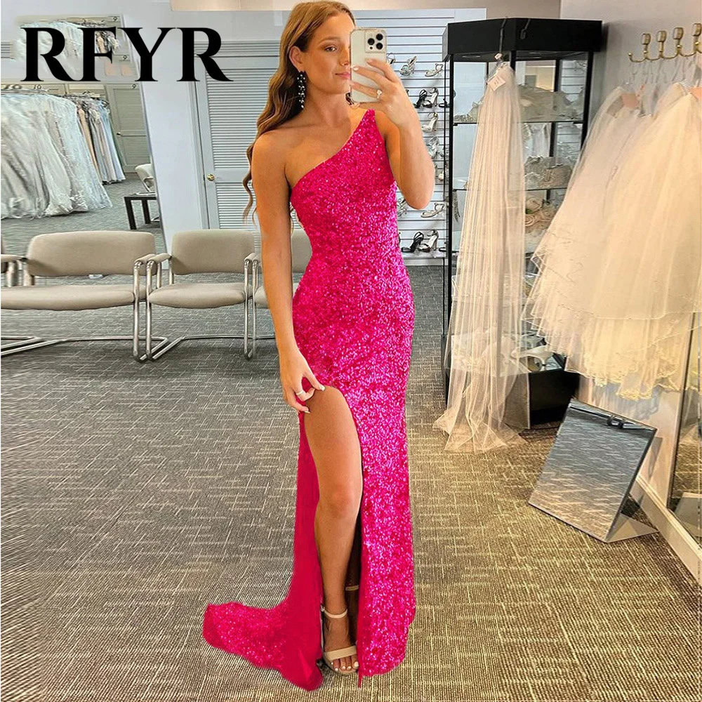 

RFYR Hot Pink Prom Dress Elegant Sexy Party Dress One Shoulder Celebrity Dress Sequin Special Occasion Dresses robes du soir