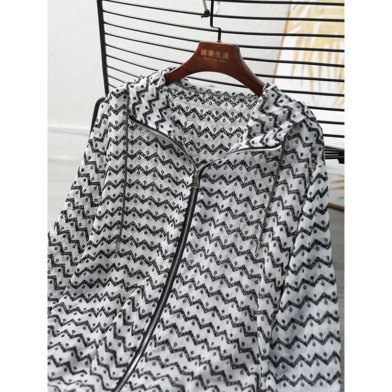 Fashion Stripe Print Hood Summer Jackets Women Casual Loose Thin Sun Protection Chaquetas Long Sleeves Outdoor Sport Outerwear