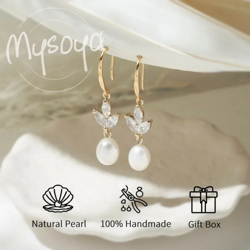 

MYSOYA Natural Freshwater Pearl Leaf Drop Earrings Simple U-Shape Hook Wedding Jewelry With Gift Box Birthday Anniversary Gift