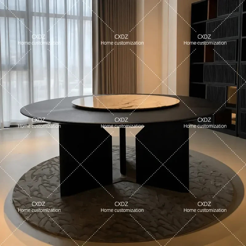 Medieval Solid Wood Marble Dining Table Minimalist Round Rock Slab Turntable Creative Household Furniture
