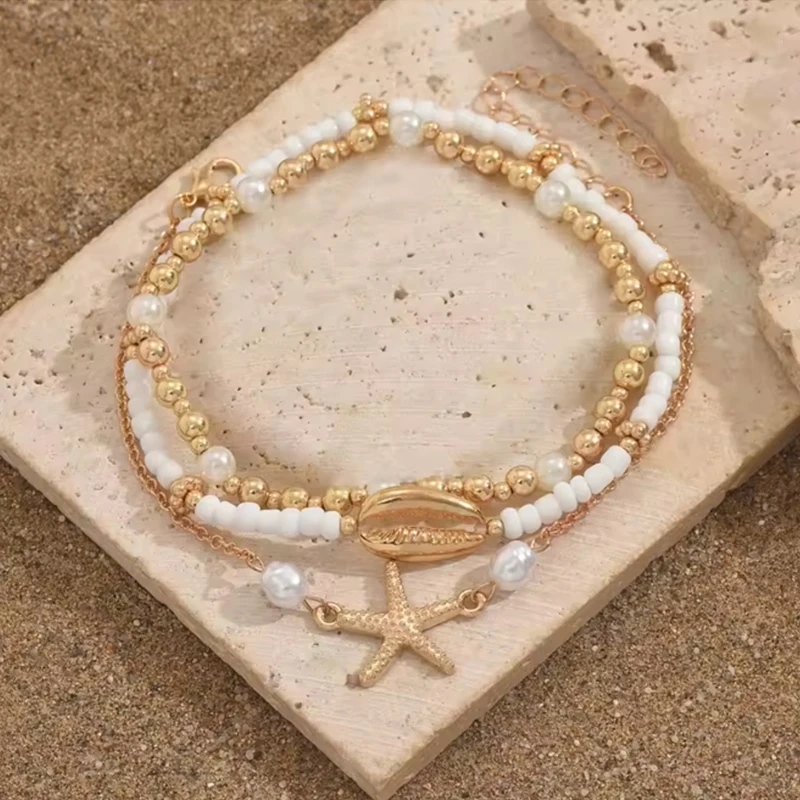 Classic 3 PCs Seaside Starfish Shells Anklet Set Women Rice Beads Foot Chain Summer Beach Vacation Fashion Jewelry Wholesale