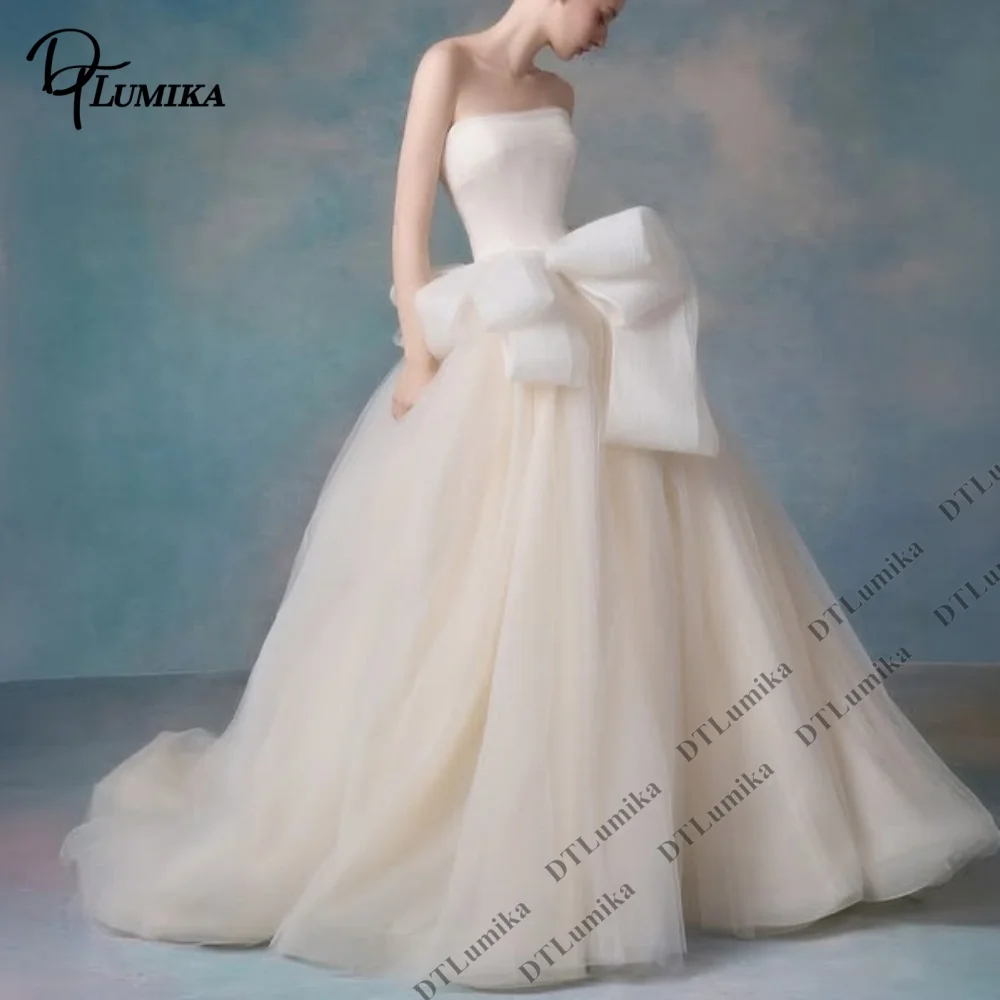 Classic Simple Tulle Bride Dresses A Line Long Train Women Wedding Dresses Customized Size & Color Simple Organza Bridal Gown