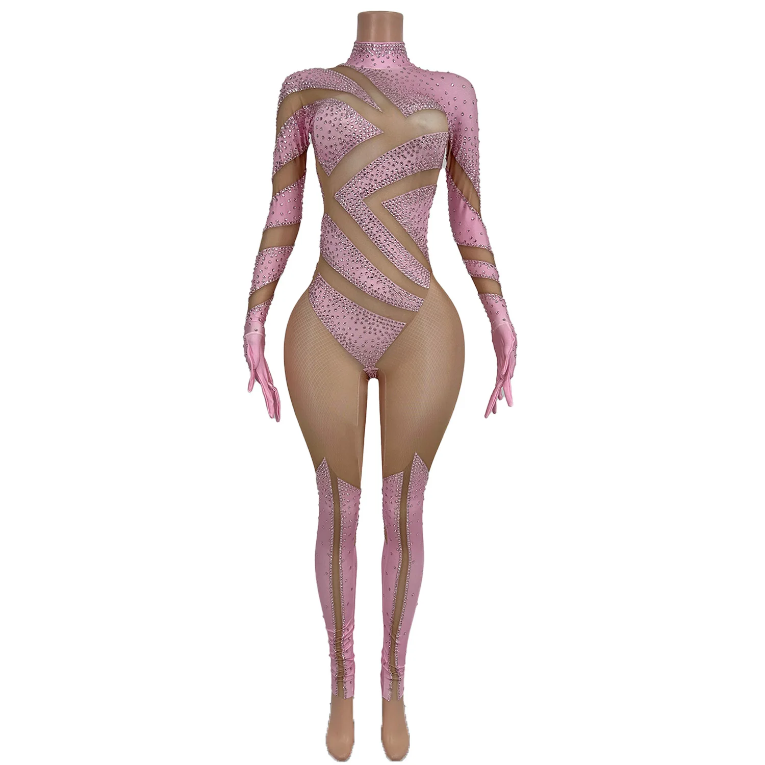 Sparkly Rhinestone Printing Spandex Jumpsuit for Sexy Women Nightclub Party Stage Performance Costume Showgirl Show Skinny Wear