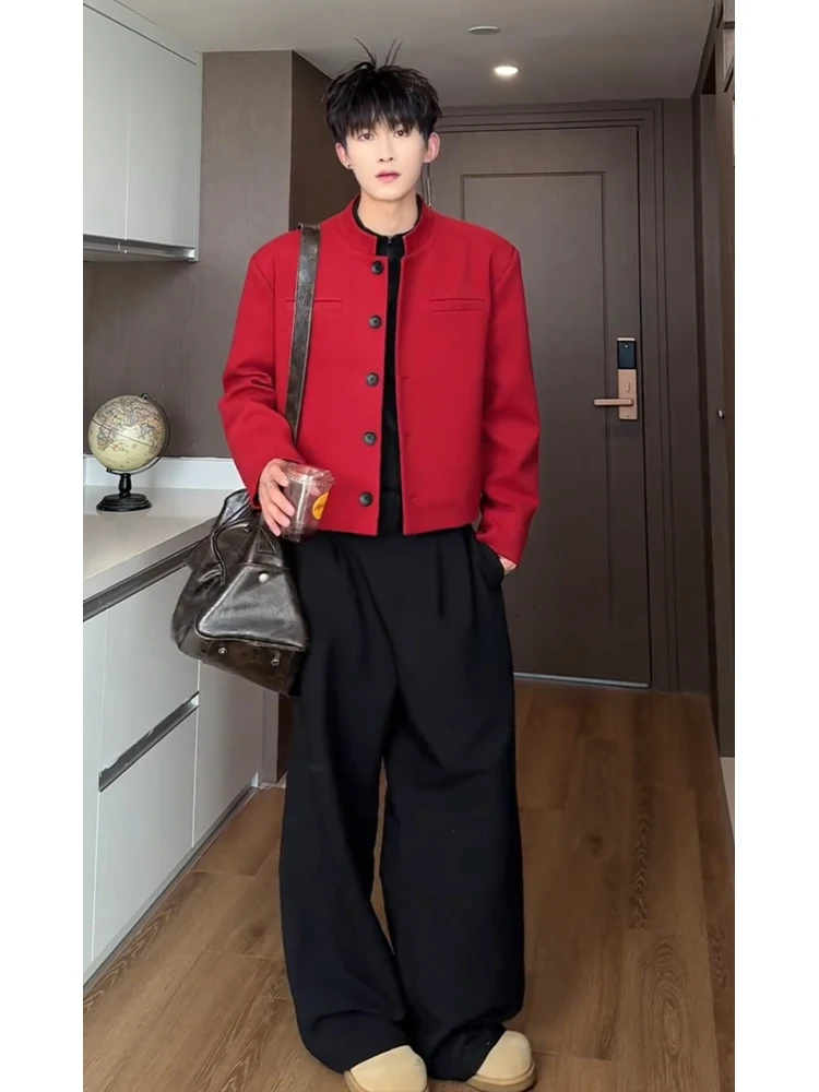 

Red oulder Pad Stand Collar Men's Suit Jaet New Chinese Sle High-End ort Casual Jaet Best Man Engagement Western Wear