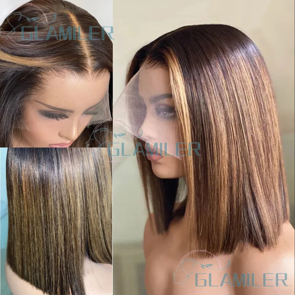 

Выделите Коричневые Блондинки Короткие Парики Человеческих Волос Боб # 4/27 Balayaga Straight 13x4/360 Парики фронта шнурка Предварительно сорванные парики с шелковым верхом 5x5