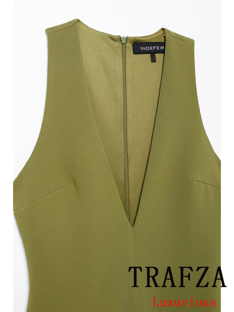 TRAFZA Vintage Casual Chic Solid Women Dress V-Neck Sashes Sleeveless Pockets Straight Mini Dress New Fashion 2024 Autumn Dress