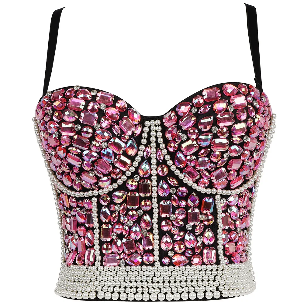 Bling Bling seksowne koraliki akrylowe perły gorset kobiety Rhinestone gorset dziewczyna błyszcząca impreza w klubie nocnym ślubne Shaper krótkie bluzki