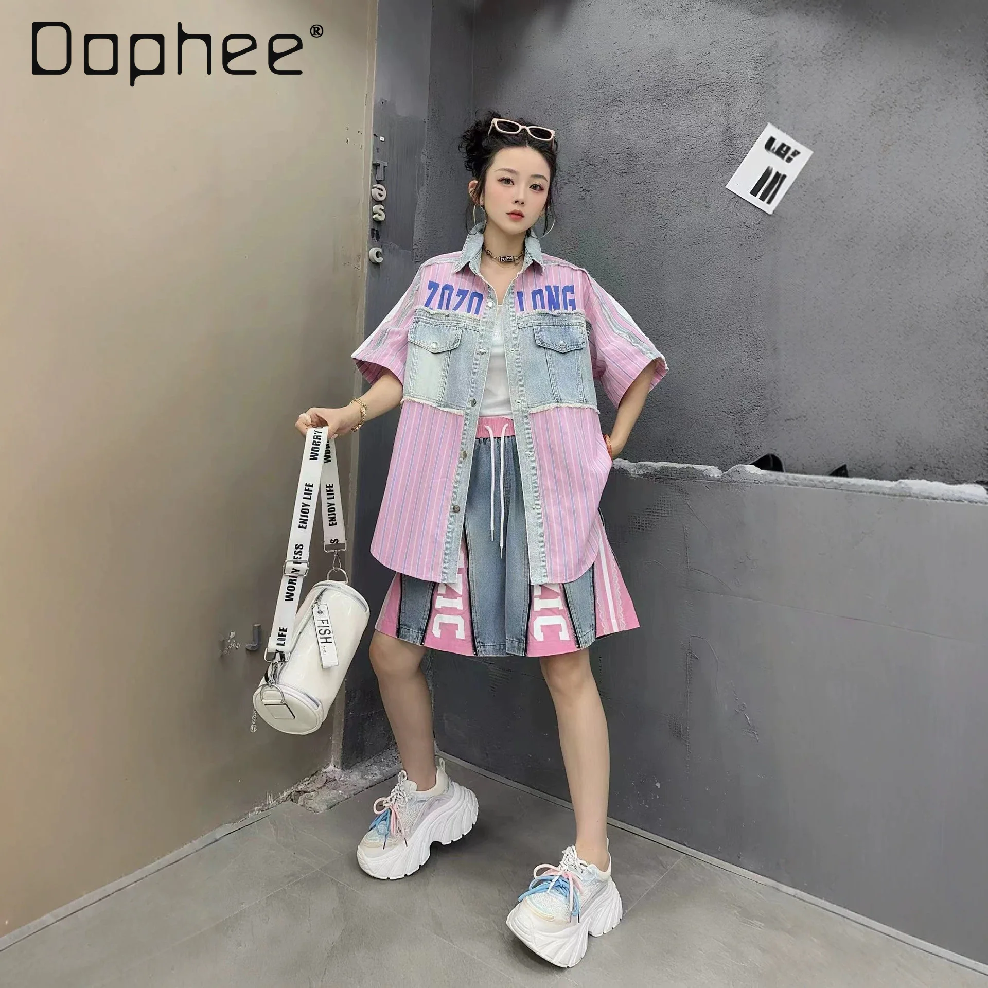 

European Short Sleeve Shirt Women's 2026 Summer New Denim Splicing Pattern Letter Printing Striped Lapel Loose Top
