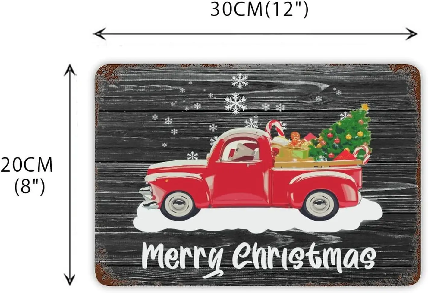 Merry Christmas Sign Winter Snowflake Tin Sign Christmas Red Truck Tree Metal Sign Vintage Wood Grain Fireplace Mantel Metal Wal