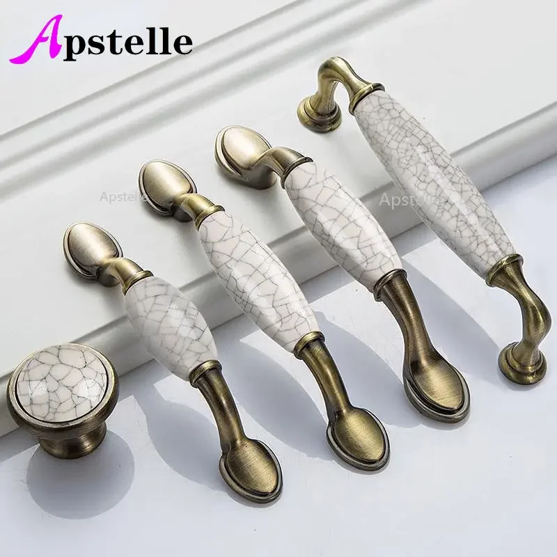 Apstelle Antique Crack Design Wardrobe Door Knobs Handles Marble Ceramic Cabinet Drawer Knobs European Style Furniture Hardware