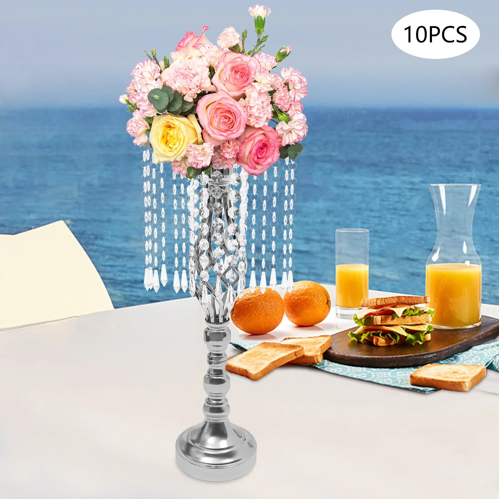 10 قطع زهور كريستال فضية مقاس 19.3 بوصة - قطع مركزية لحفلات الزفاف، مزهريات أكريليك حديدية لديكور المنزل وحفلات عيد الميلاد