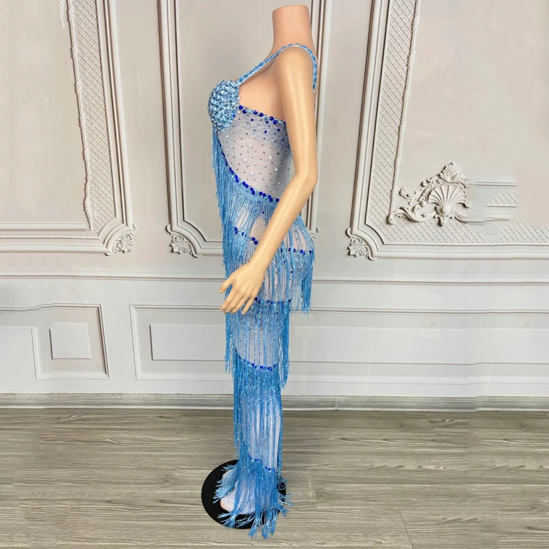 キラキラフルラインストーンフリンジドレス女性祝うイブニングドレスステージキャットウォークフェスティバル衣装社交パーティードレス XS9763