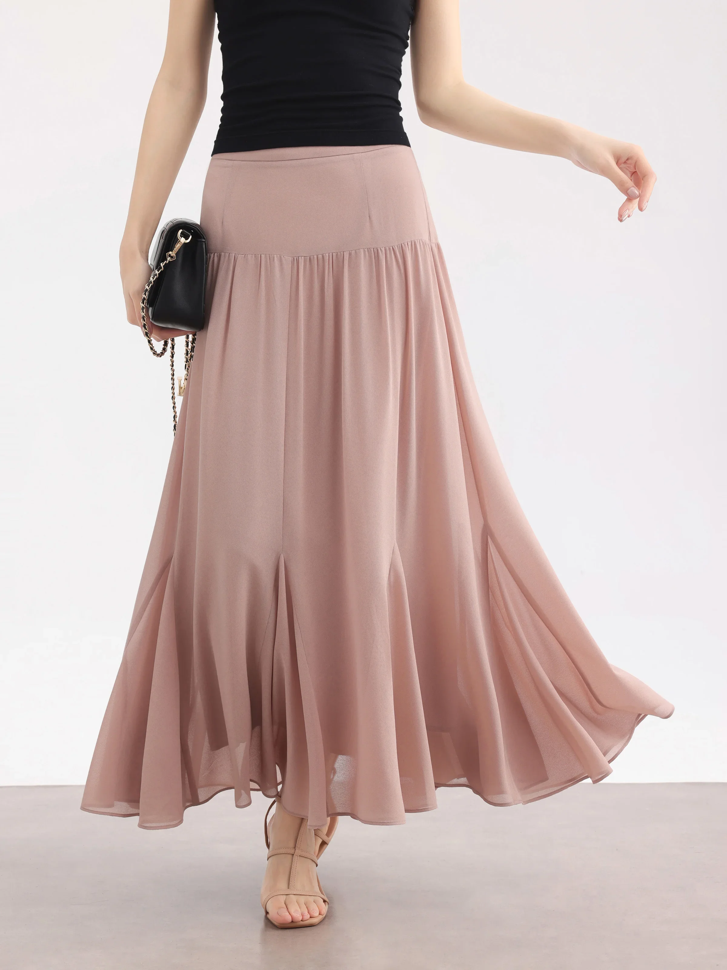 Chiffon A-Line Midi Skirt Women Summer High Waist Flowy Mesh Skirt Elegant Draped Fairy Style Lightweight Slim Fit Petite Bottom