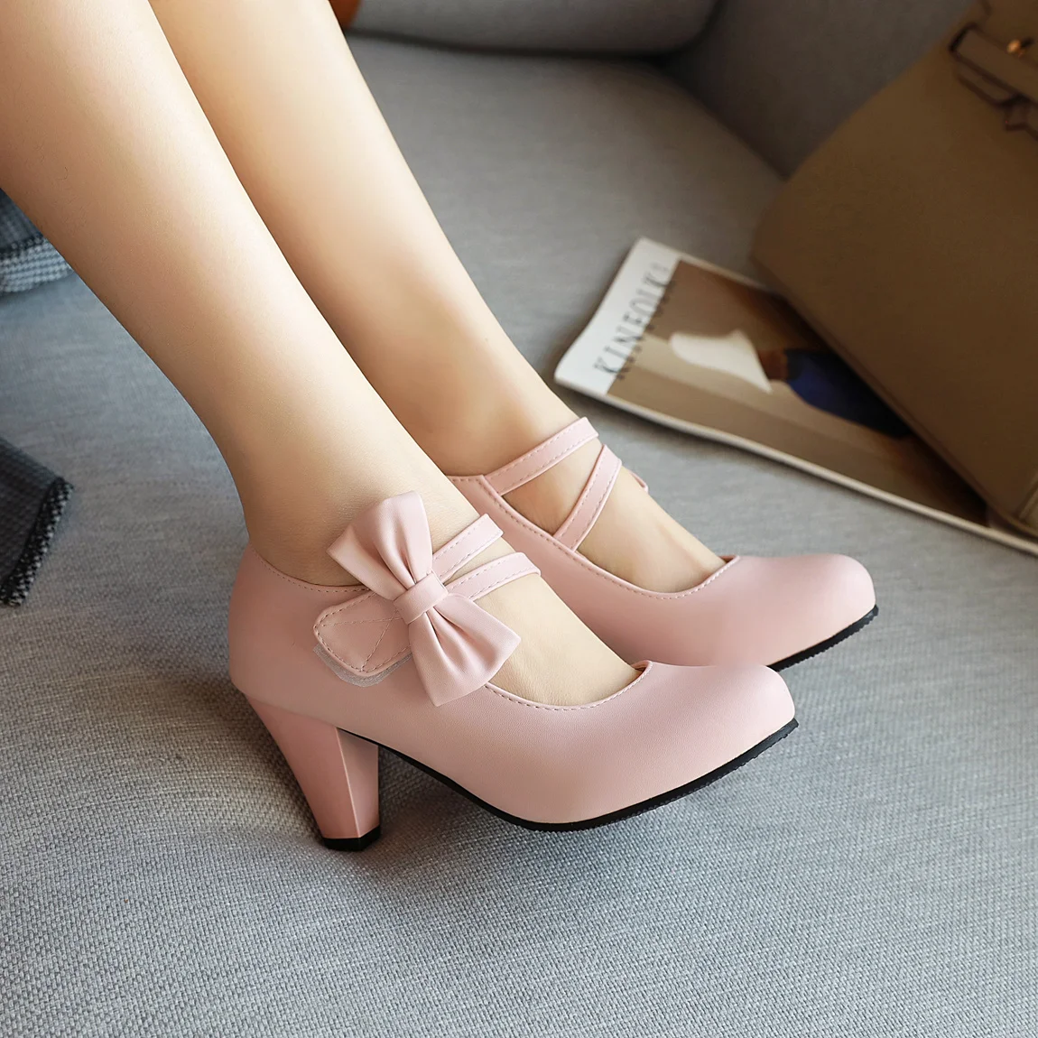 Pink Round Toe Kitten Heel Pumps with Bowknot Ankle Straps - Stylish Lolita PU Leather Chunky Shoes for Women Dance and Work