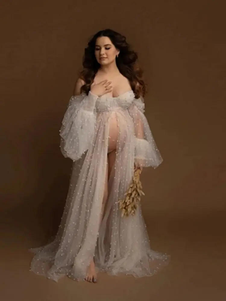 Parel tule zwangerschapsjurk voor fotoshoot lange gezwollen mouw off-shoulder babyshower bruids zwangerschapsjurken - afbeelding 2