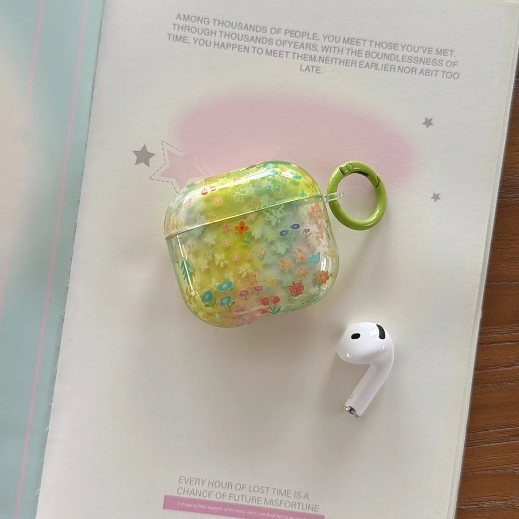 Frühlingsgarten, Farbverlauf in Gelb und Grün, bunte Blumen, durchscheinende Schutzhülle für AirPods 2, 3, 4, 5, Pro2, Pro3.