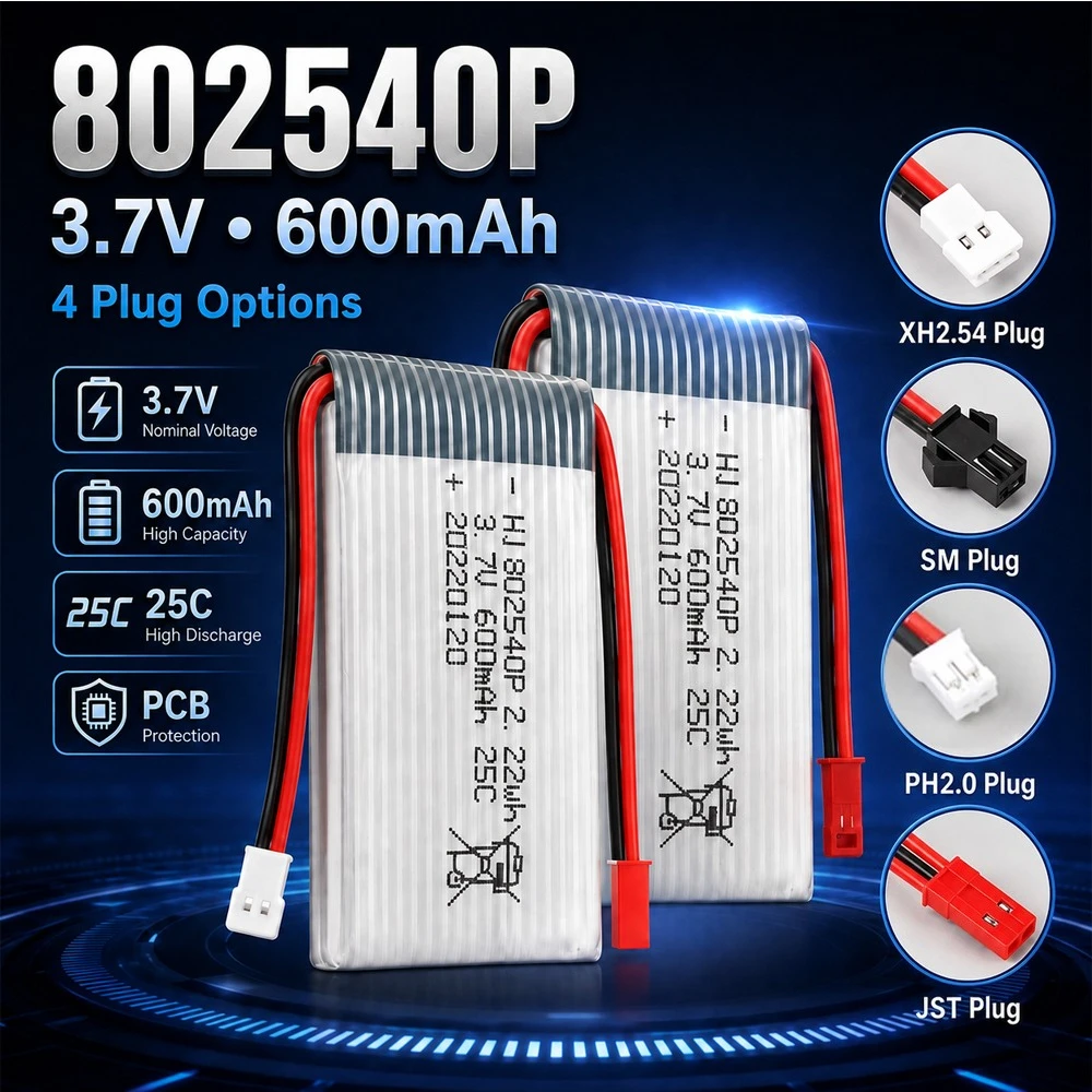 802540P 3.7V 600mAh LiPo Battery Rechargeable Lithium Polymer Battery with PCB Protection XH2.54 SM PH2.0 JST Plug RC Aircraft