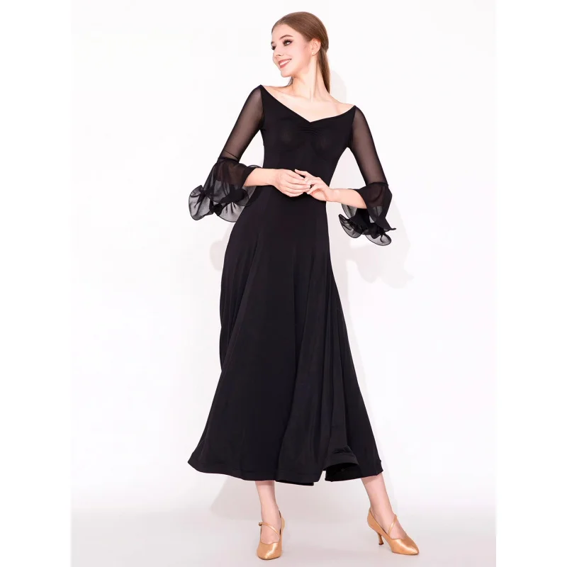 Nuevo vestido de baile latino de media manga con volantes y cuello en V para mujer, Ropa de baile de salón de vals moderna, traje de práctica de actuación MY936