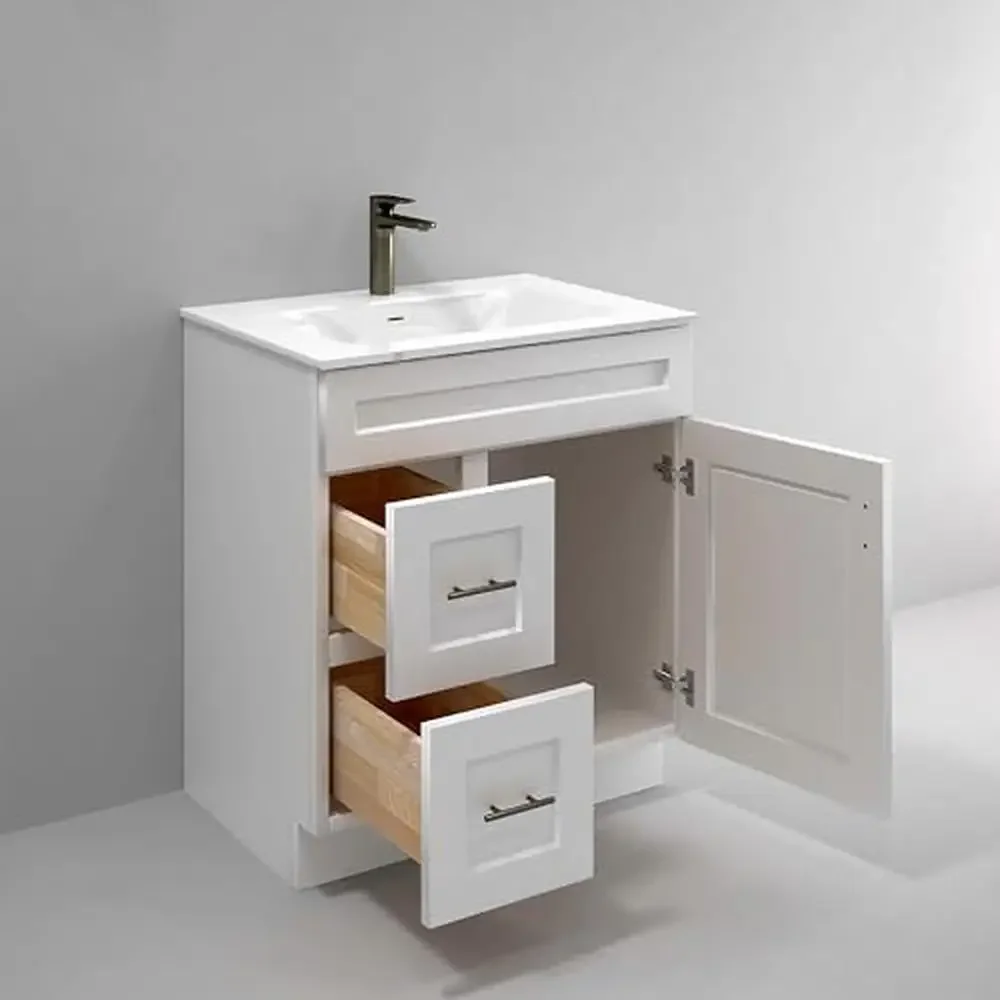 Vanity Cabinet banheiro com gavetas, madeira maciça, construção macia Fechar gaveta Slides, esquerda e direita gavetas comutáveis, 30 polegadas