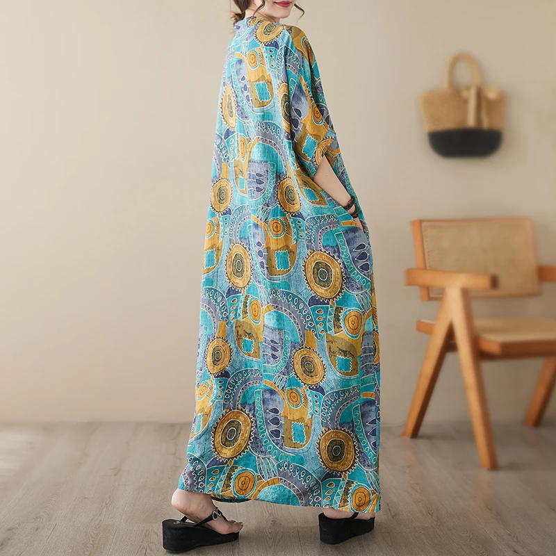 Extra grande tamanho verão dr feminino solto vintage impressão v-ne férias saia longa mistura de algodão ort sve a-line dr