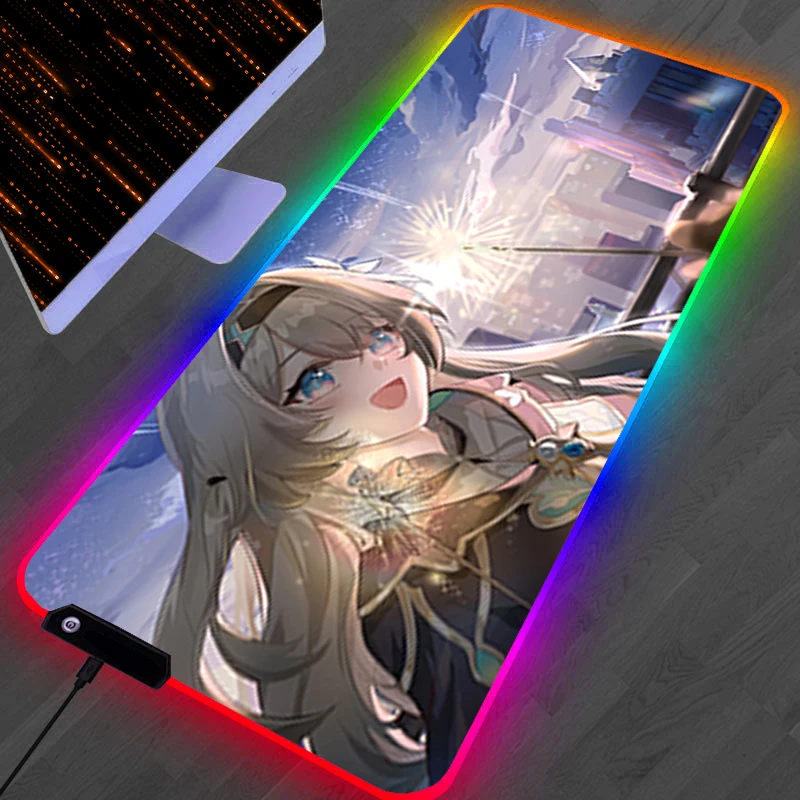 لوحة ماوس LED RGB ملحقات الكمبيوتر لوحة ماوس H-honkai Star Rail Firefly لوحة ممتدة غير قابلة للانزلاق لوحة مفاتيح مطاطية حصيرة مكتبية للألعاب
