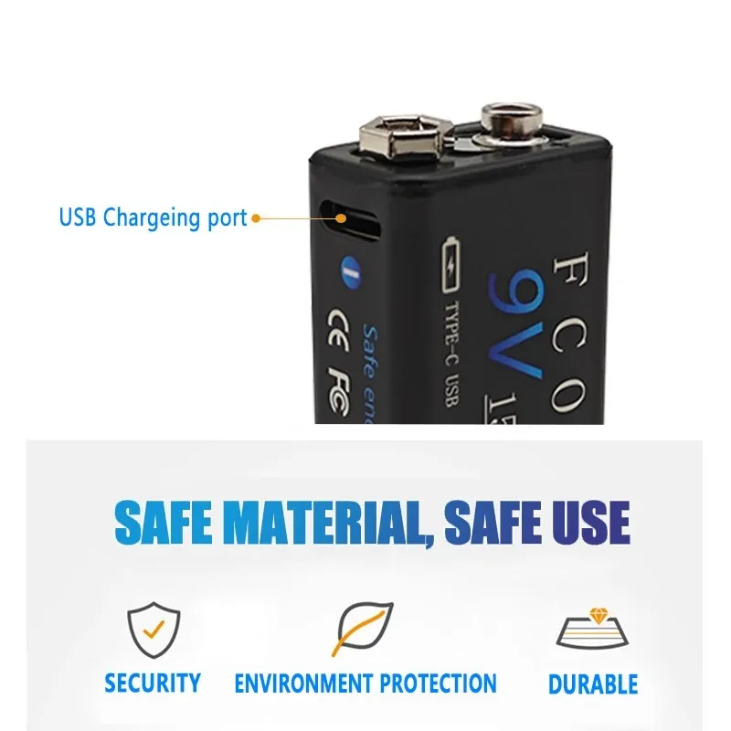 FCOKU – batterie Li-ion Rechargeable de Type C, 9V, 1500mAh, USB, Lithium, pour multimètre, Microphone, jouet + câble de chargement USB