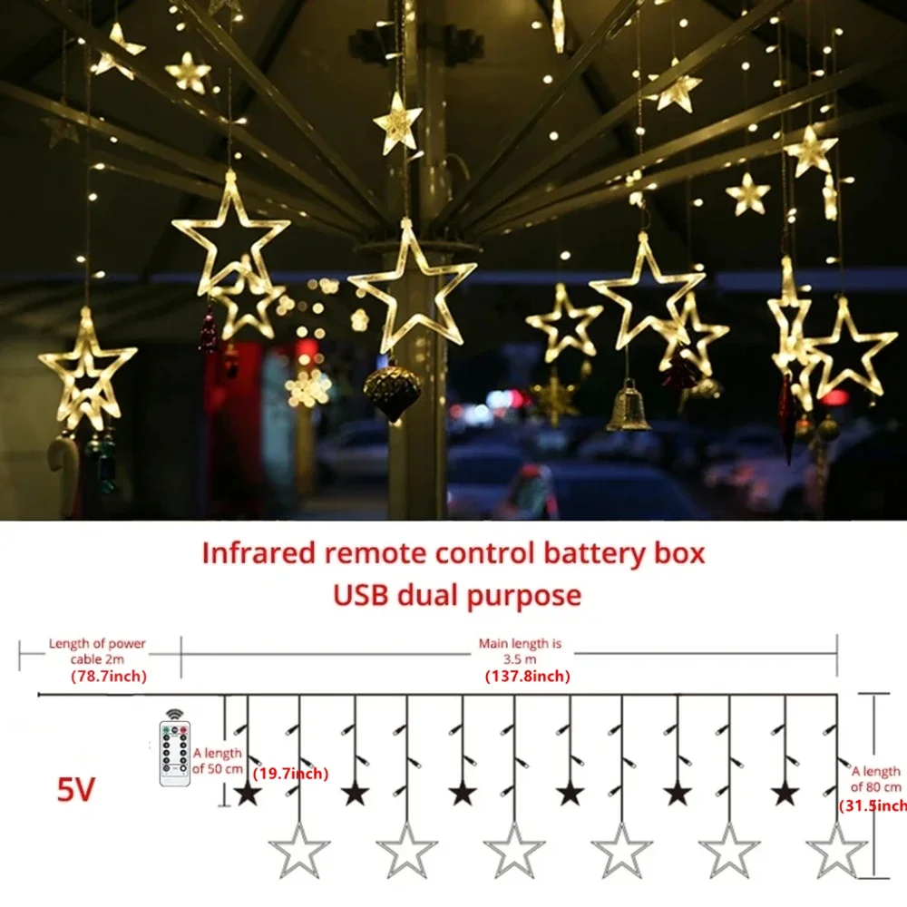 LED Lights String Pentagram Star Curtain Fairy Lights Wedding Birthday Christmas Lighting Indoor Decoration Light Remote Control