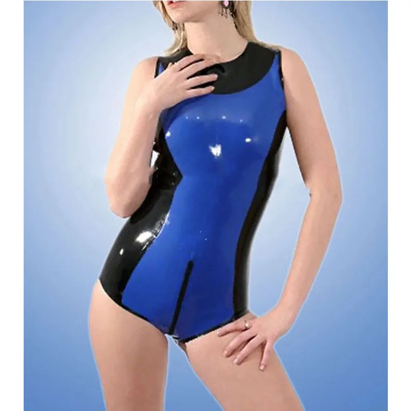 

Blue with Black Latex Rubber Leotard Latex Tight Swimwear Suits with Crotch Zip Handmade