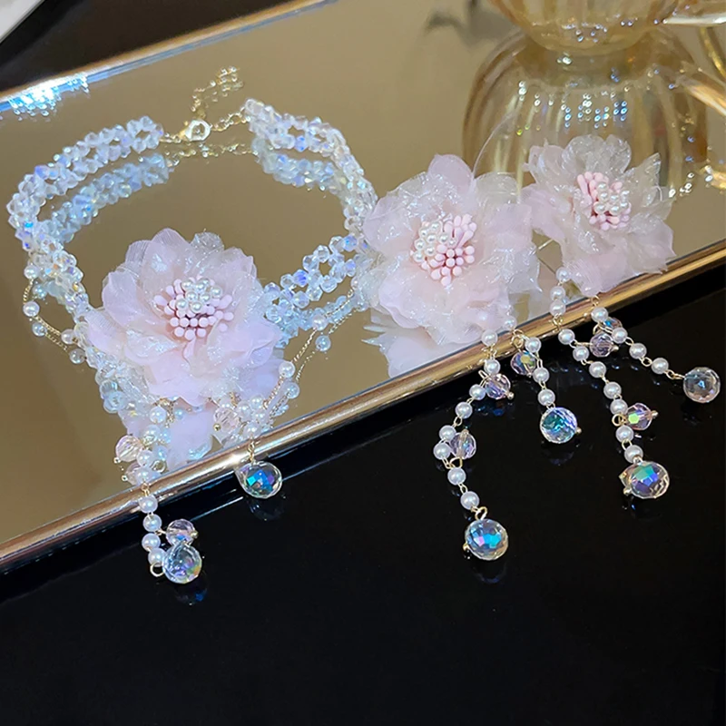 Pink Flowers Pearl Tassel Earrings Necklaces Two Pcs Set for Women Fashion Sweet Temperament Drop Earrings Dainty Jewelry Sets
