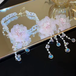 Pink Flowers Pearl Tassel Earrings Necklaces Two Pcs Set for Women Fashion Sweet Temperament Drop Earrings Dainty Jewelry Sets