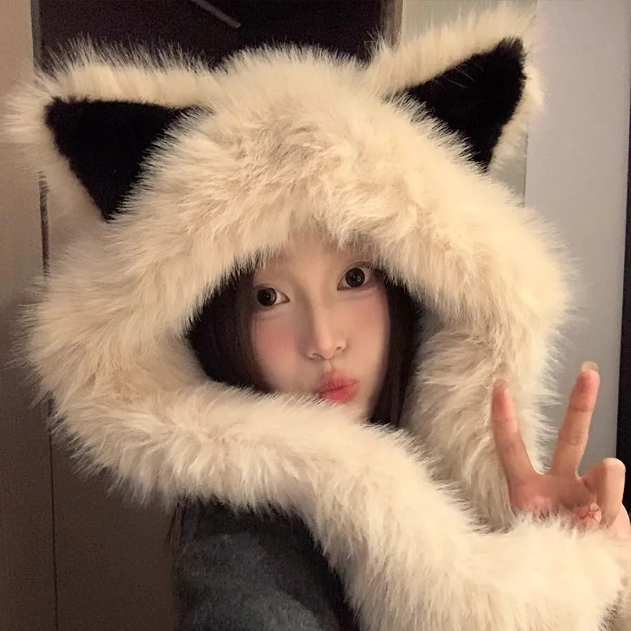 

Hooded Scarf for Women Winter Warm Scarf Hat Gloves Combo with Cute Fox Ear