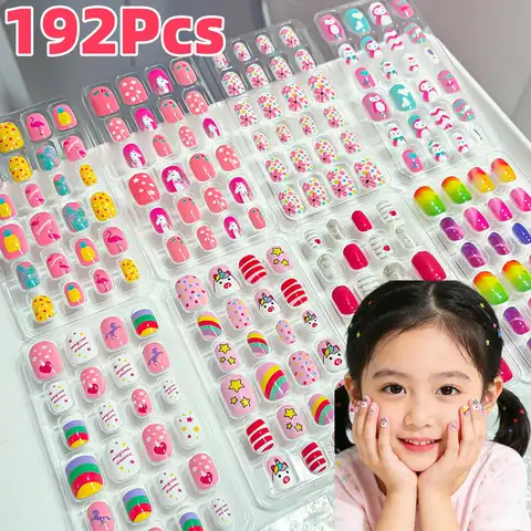 8Boxes(192Pcs) Cartoon Children Press On Nails Rainbow Horse Star Flower Short Square Fake Nails for Kid Girls False Fingertips