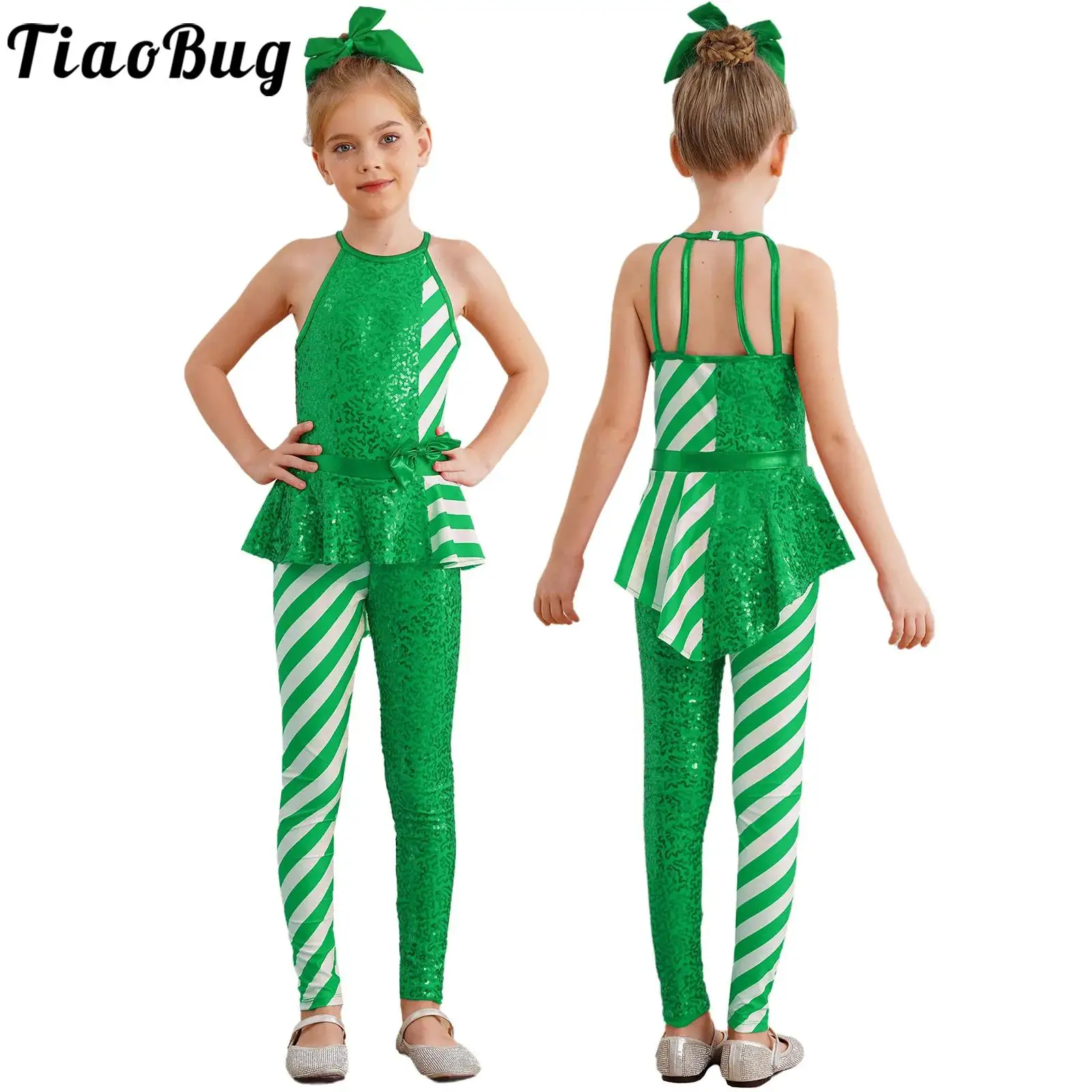 Kids Girls Christmas Dance Gymnastics Costume Sleeveless Stripes Sequins Ballet Skating Jumpsuit for Carnival New Year Party