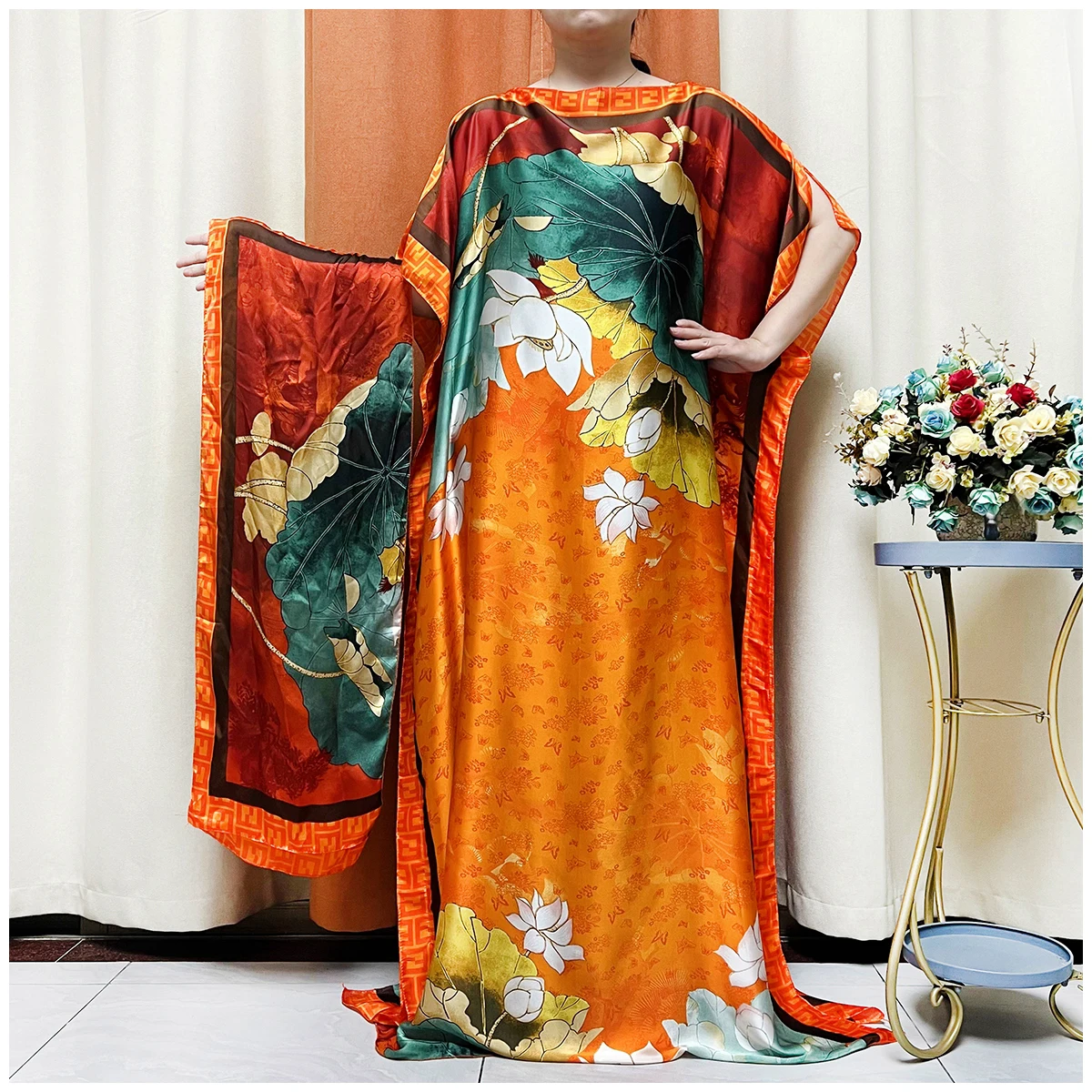 

New Silk Oversize African Women Clothing New Fashion Print Islam Turkey Loose Elegant Femme Robe Dubai Dashiki Abaya Free Size