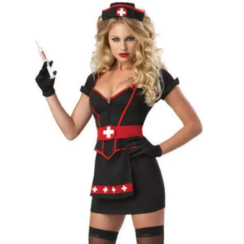 

Sexy Arrest Nurse Cosplay Halloween Costume Goth Slim RolePlay Outfit Woman V-Neck Party Erotic Uniform Hat Top Skirt Black Suit