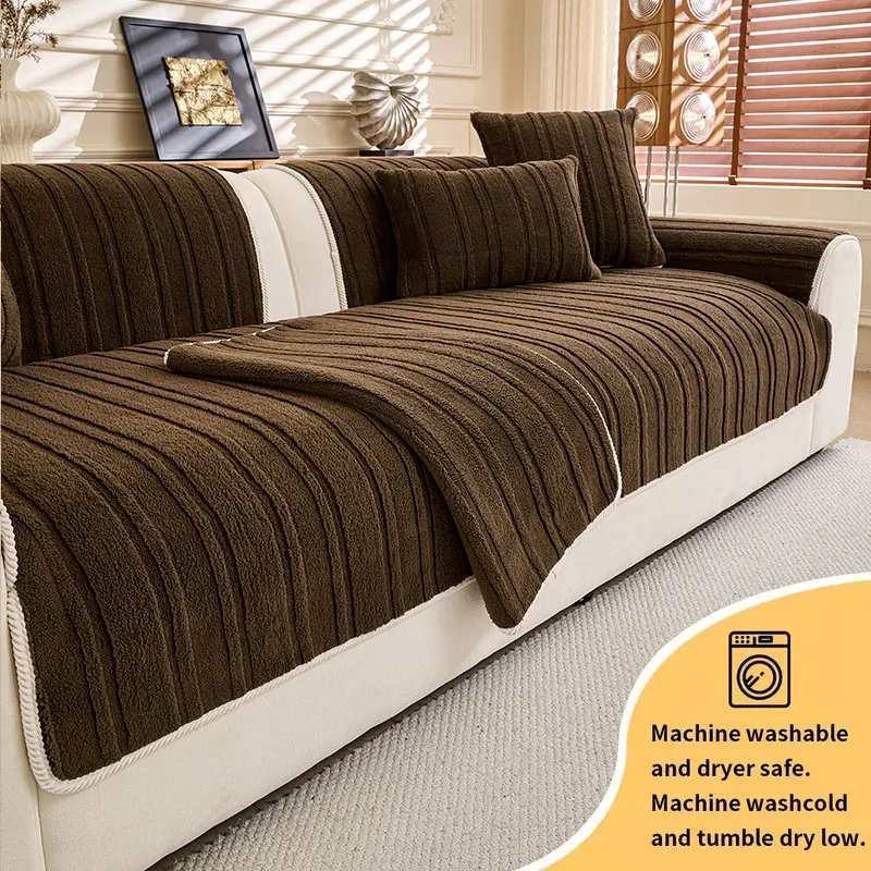 1PC-gestreiftes, dickes Plüsch-Sofakissen, Herbst- und Wintersofa mit gerader Reihe, fester, rutschfester Kissenbezug, kratzfestes Anti-Katzen-Tuch