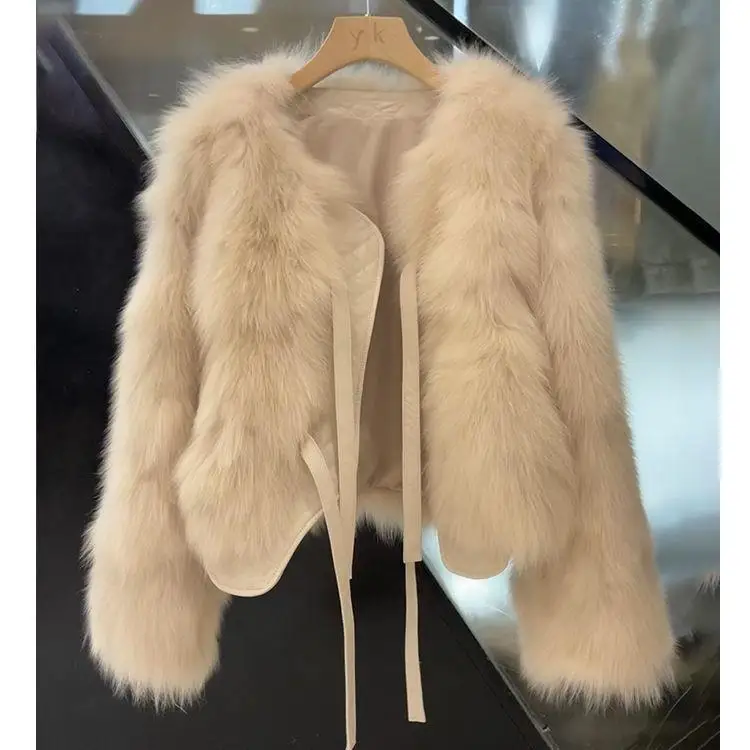 Imitation Fox Fur Grass Coat Women Short Jacket 2026 New Autumn/winter Korean Versatile Lace Up Thick Tops Female Outerwear