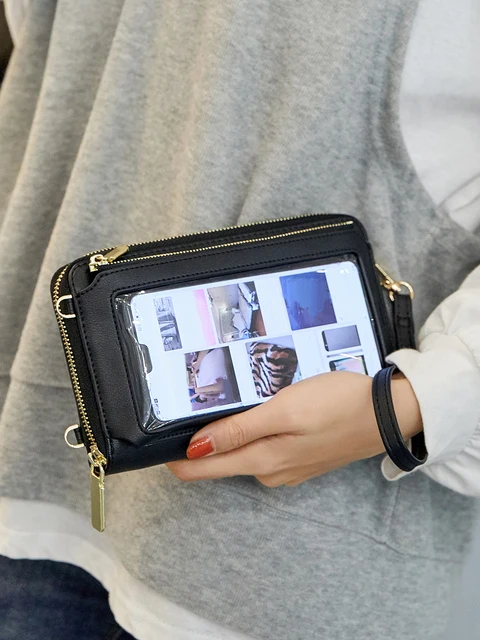 Torba na telefon komórkowy z ekranem dotykowym i blokowaniem RFID, funkcjonalny długi portfel typu crossbody, damska mini portmonetka