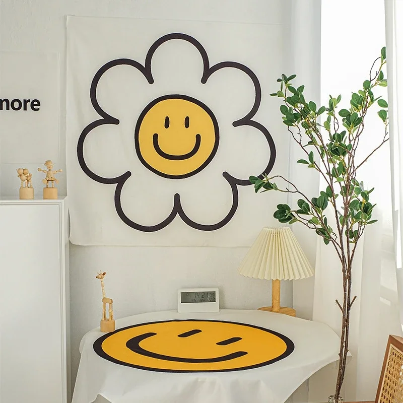 Ins Hanging Cloth Flower Smile Tapestry Wall Hanging Birthday Party Room Background Wall Decoration Dorm Bedroom Cloth Tapestry