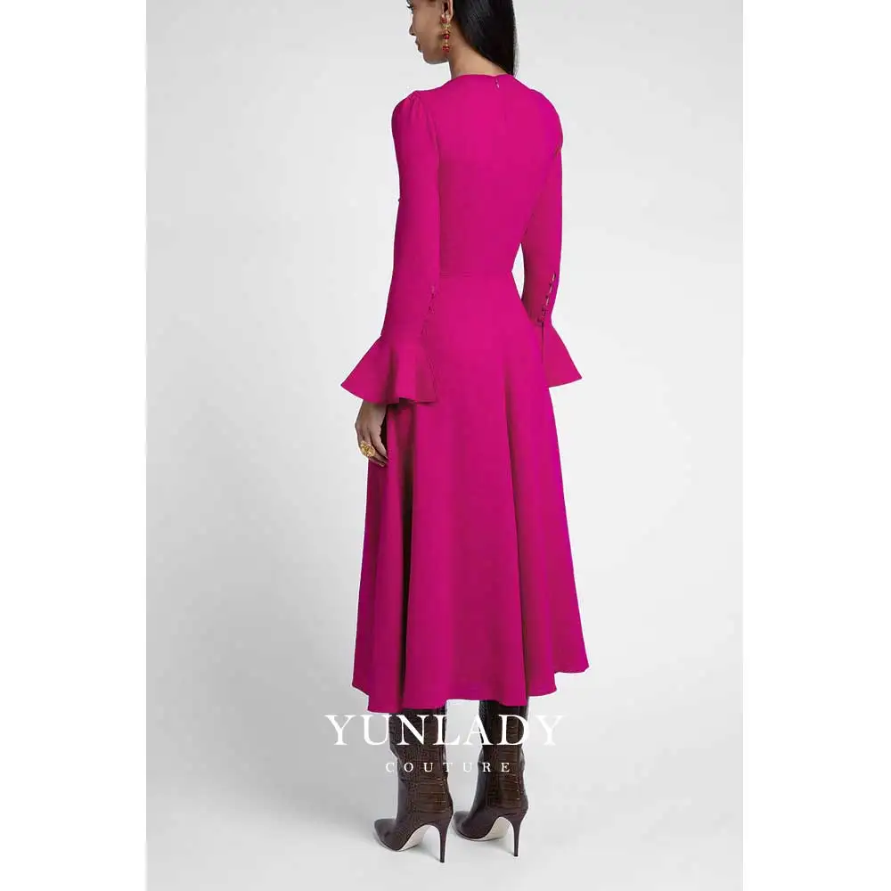 YUNLAN Luxurious Pink Long Sleeve Mom Evening Dress 2024 Dubai Bridal Wedding Guest A Line Midi Dress Formal Occasion Party Gown