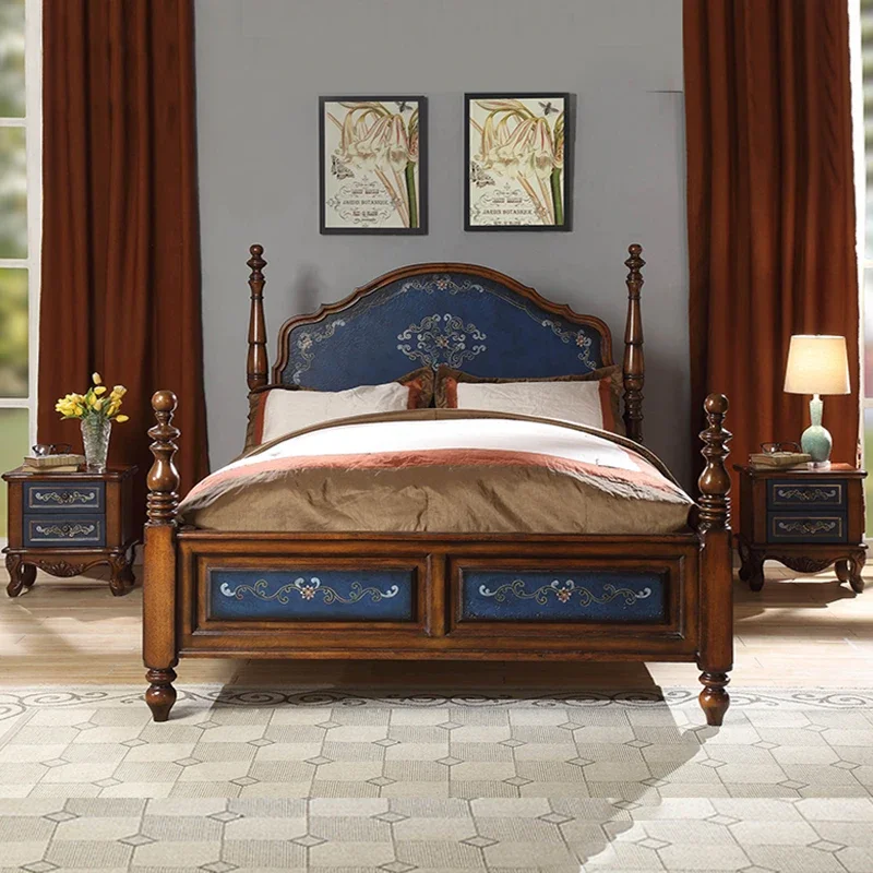 

Solid Wood Bed 1.8 M Retro Double Bed Master Bedroom Wedding Mediterranean Painted Bed 1.5 M